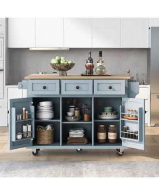 Kitchen Cart with Rubber Wood Drop Leaf, Internal Storage Racks, Rolling Island with Cabinet and 3 Drawers for Dining Room