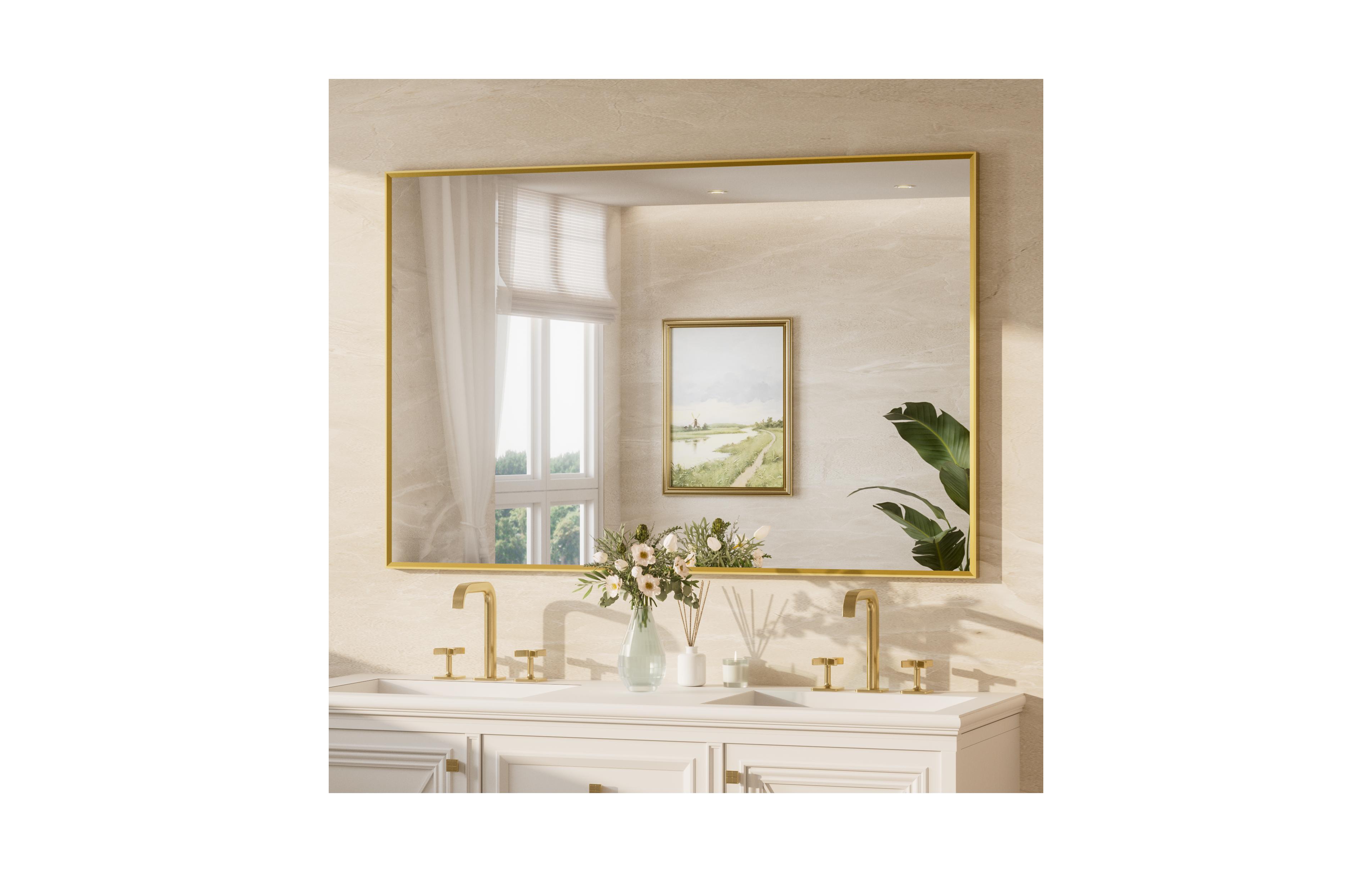 Keonjinn 55x36 Inch Brushed Gold Bathroom Vanity Mirror Metal Framed Over Sink Wall Mirror Horizontal/Vertical