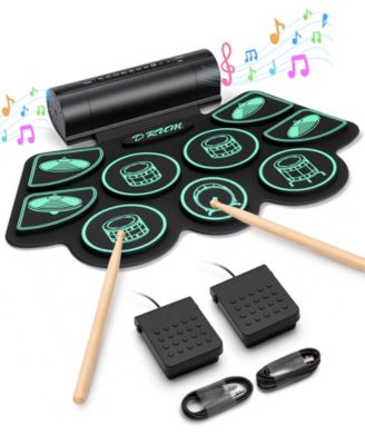 Kids Roll-Up Electronic Drum Set with Speakers, Headphone Jack & Foot Pedals - Green