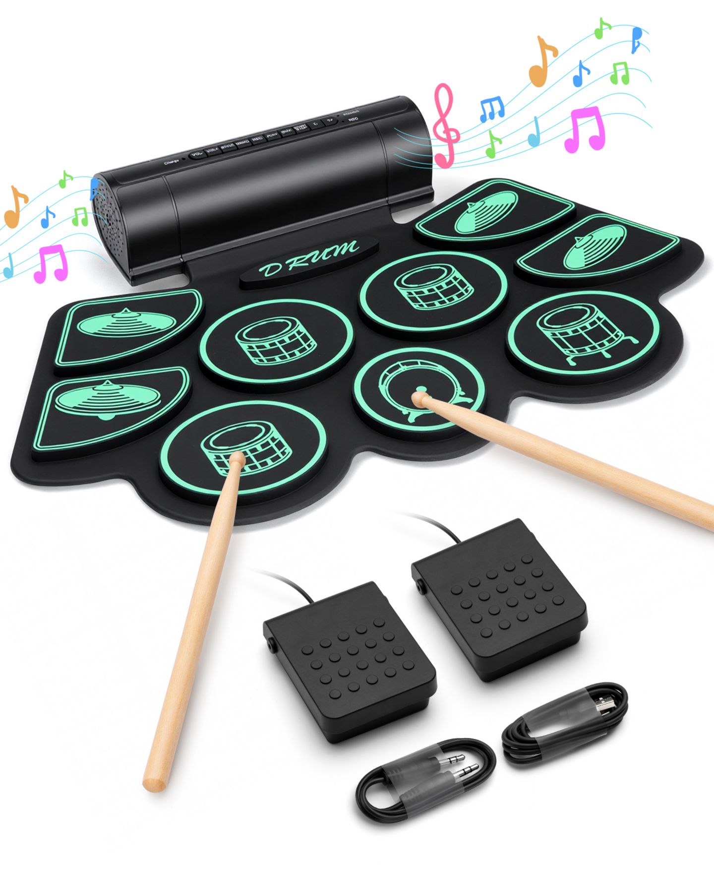 Детские игрушки SUGIFT Kids Roll-Up Electronic Drum Set with Speakers, Headphone Jack & Foot Pedals - Green, цвет: Зелёный — фото 1