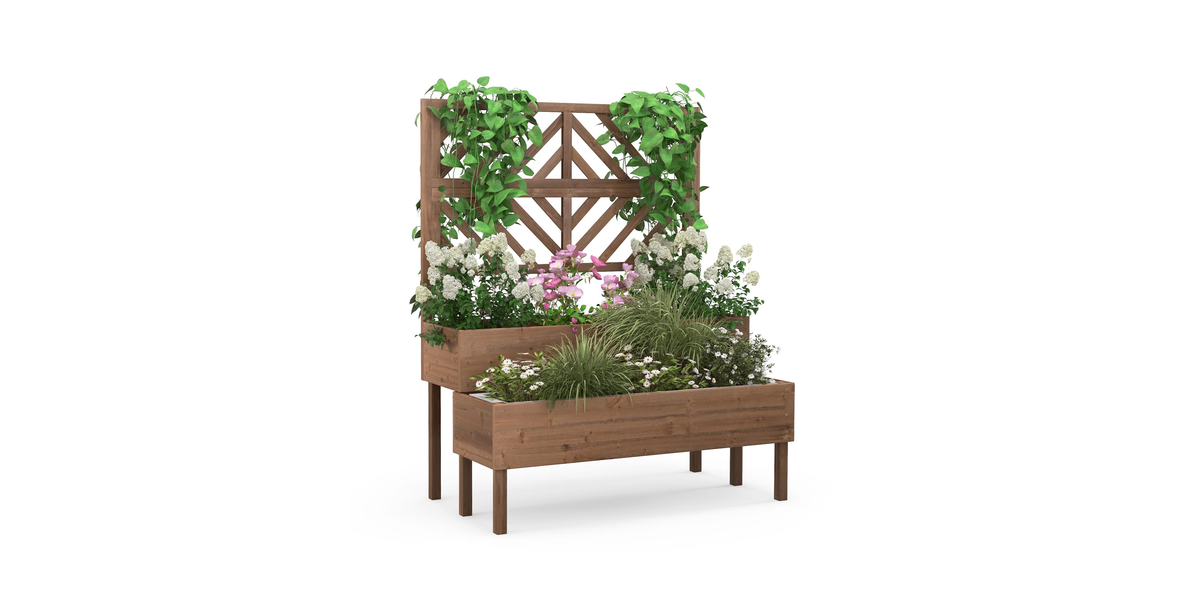 Sugift 2-Tier Raised Garden Bed with Trellis-Brown