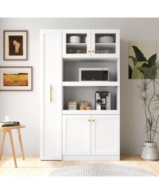 Kitchen Pantry Cabinet with 4 Doors and Pull-Out Multi-Tier Shelves, Storage Organizer for Kitchen and Dining