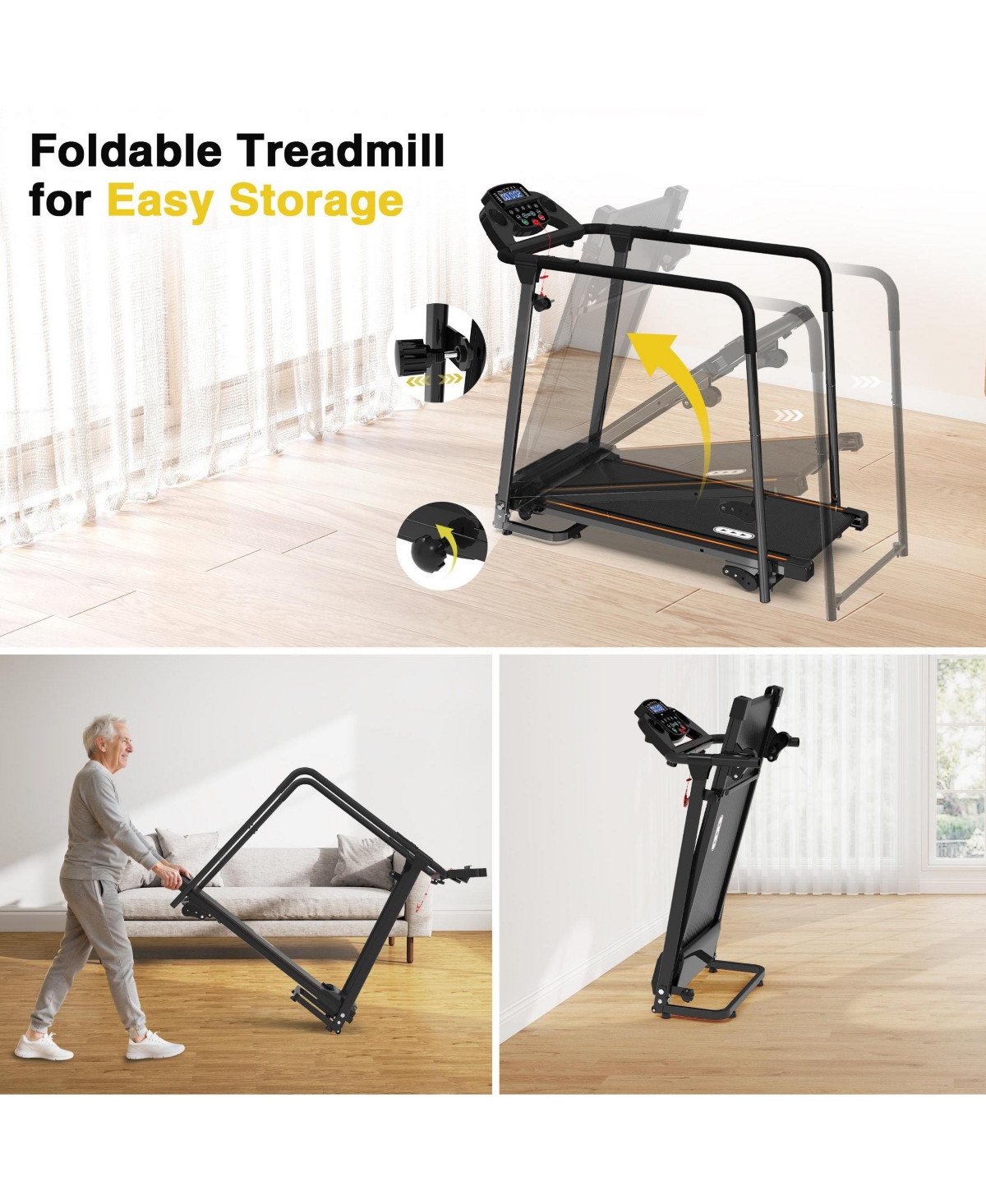 Redliro Walking Treadmill for Seniors with Long Handrails, Foldable Incline Treadmil, 265lbs Compact Treadmill for Home Exercise