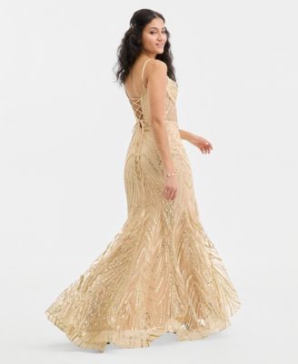 Juniors' Sweetheart-Neck Bustier Glitter Mesh Gown 