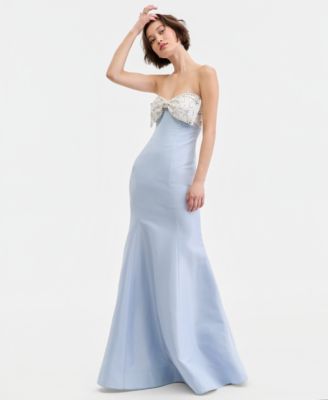 Juniors' Beaded Bow Horsehair Hem Gown