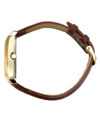 Men's 35mm 14K Gold Plated Square Watch with Brown leather Strap