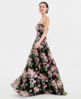 Juniors' Floral-Sequinned Strapless Gown