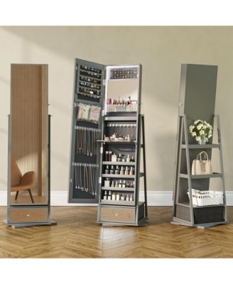 Jewelry freestanding storage mirror cabinet with storage shelves, built-in lights, and rotating feature.