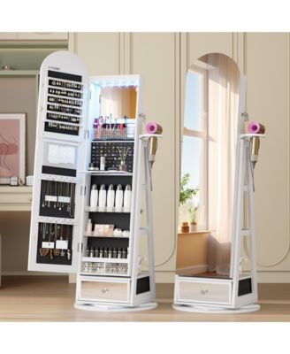 360&deg; Rotating Jewelry Cabinet with LED Lighting & Lockable Full-Length Mirror