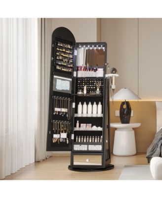 360&deg; Swivel Jewelry Armoire with LED Lights & Lockable Mirror