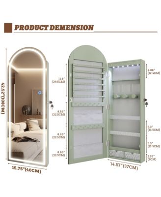 Arched LED Jewelry Cabinet, Full-Length Lighted Mirror with Storage