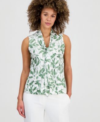 Women's Printed Tie-Neck Sleeveless Blouse