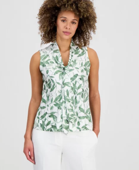 Women's Printed Tie-Neck Sleeveless Blouse, Regular & Petite - Loden Dusk Multi