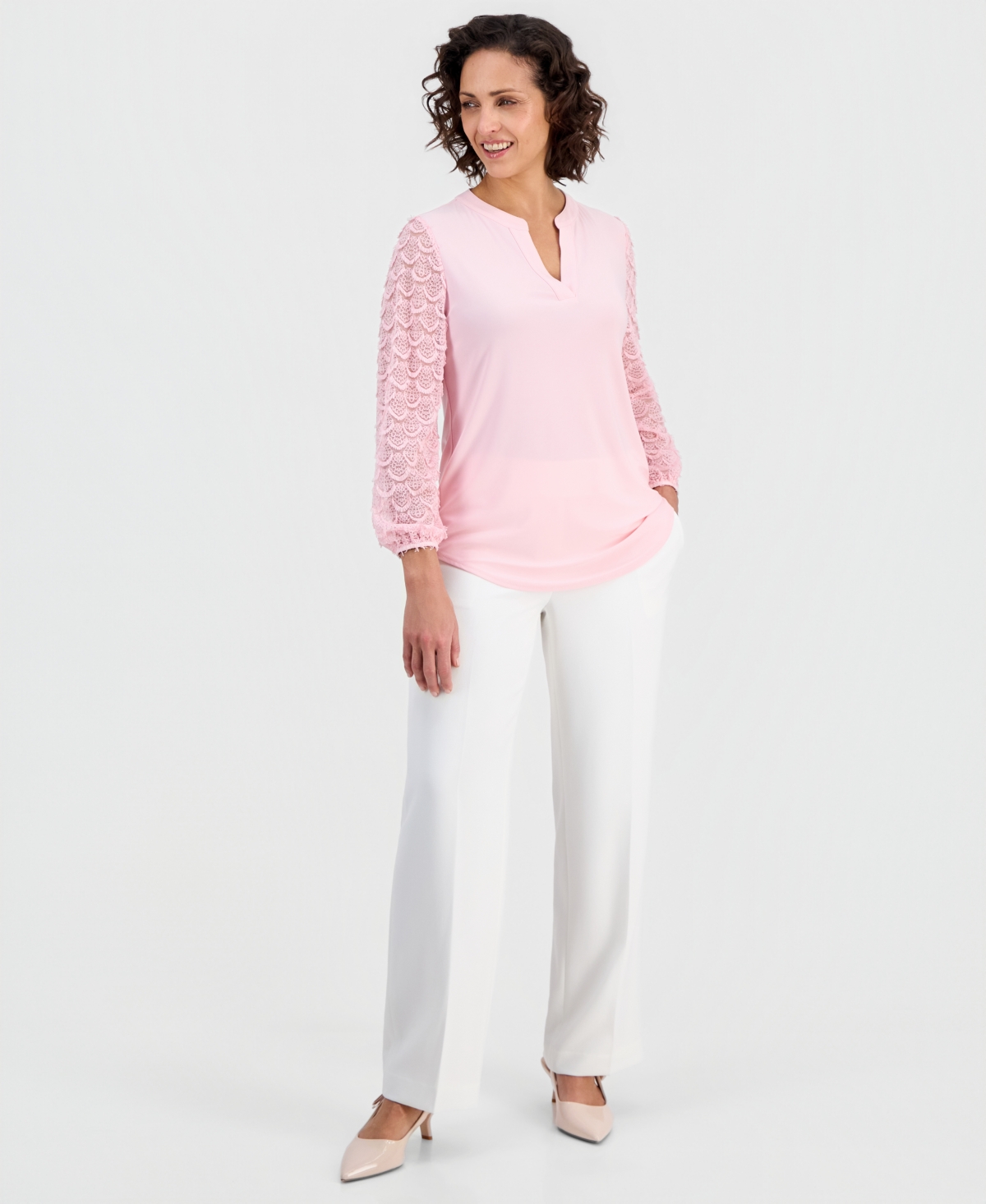 Kasper Petite Lace-Sleeve Split-Neck Tunic