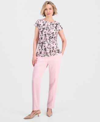 Women's Floral Pleat-Front Cap-Sleeve Top