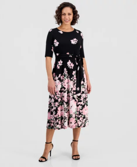 Printed Tie-Waist Midi Dress, Regular & Petite - Black Multi