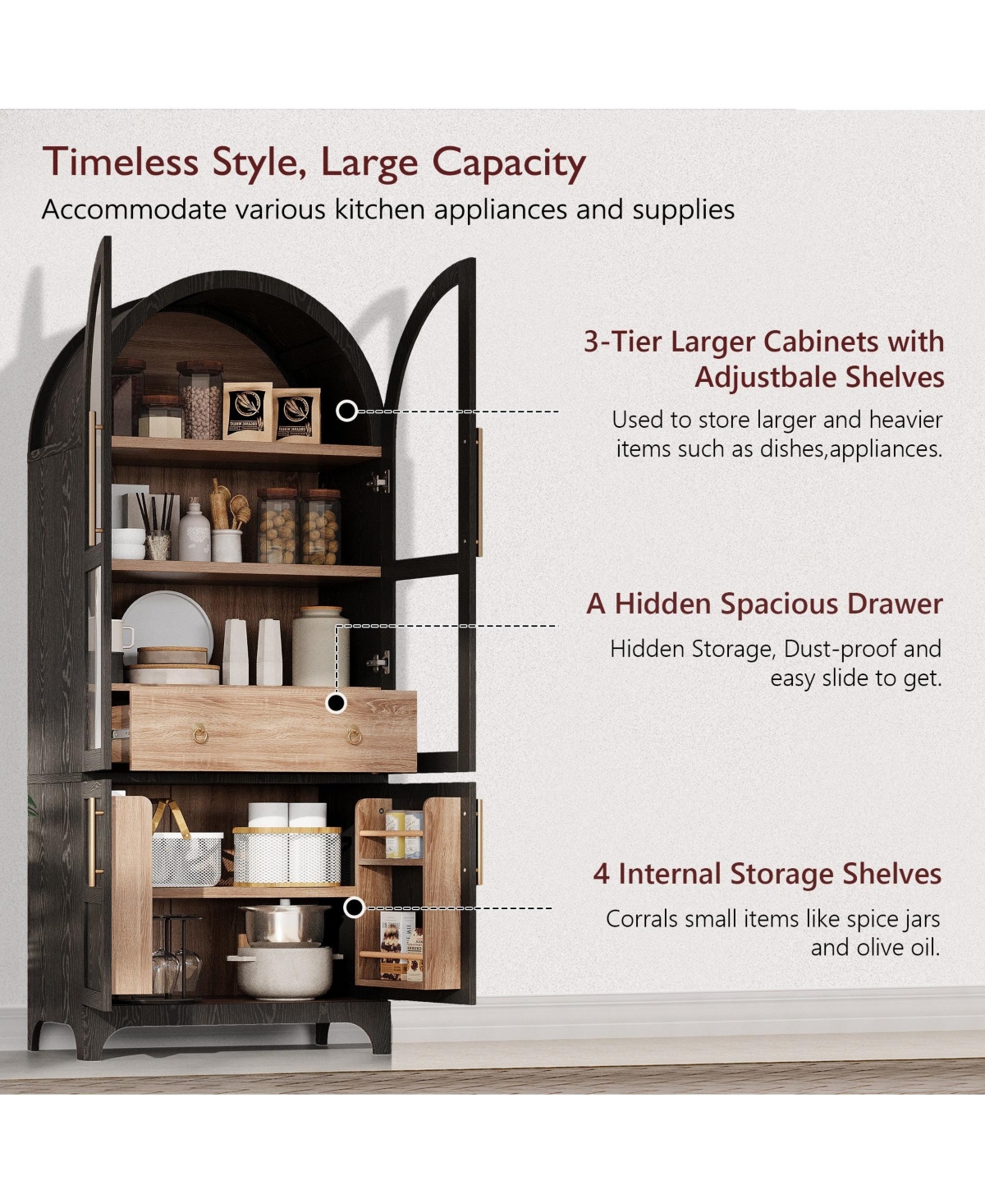Boyel Living 71" Tall Arched Kitchen Pantry Cabinet with Door Shelves, Farmhouse Storage Open & Adjustable Shelves