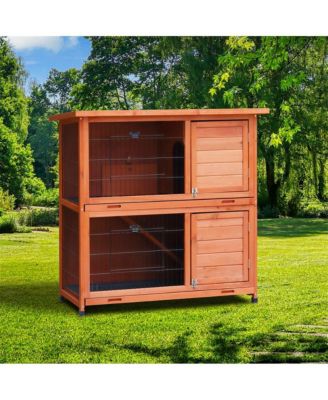 41 in. Outdoor Wooden Rabbit Hutch with 2 Removable No-Leak Trays Non-Slip Ramp Waterproof Roof in Natural