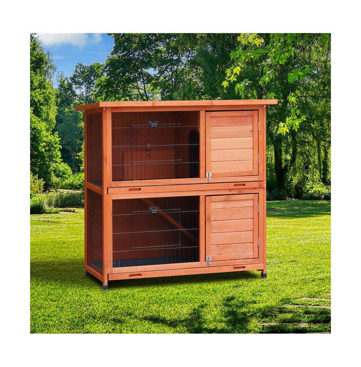 Aostirmotor 41 in. Outdoor Wooden Rabbit Hutch with 2 Removable No-Leak Trays Non-Slip Ramp Waterproof Roof in Natural
