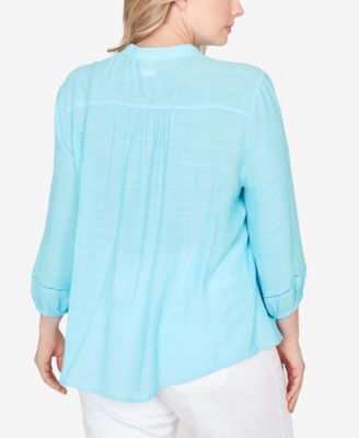 Plus Size Solid Silky Slub Pleated Button Front Top