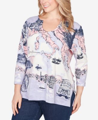 Plus Size Mediterranean Scenic Print Cotton Top