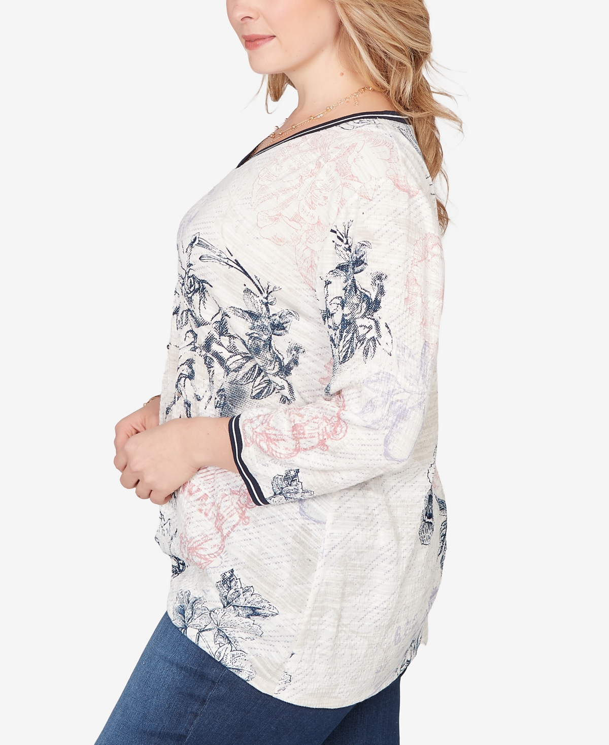 Ruby Rd. Plus Size Botanical Stamp Knit Twist Front Top In White