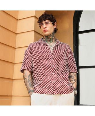 Men's Crimson Red Geometric-Crochet Cuban Oversized Shirt