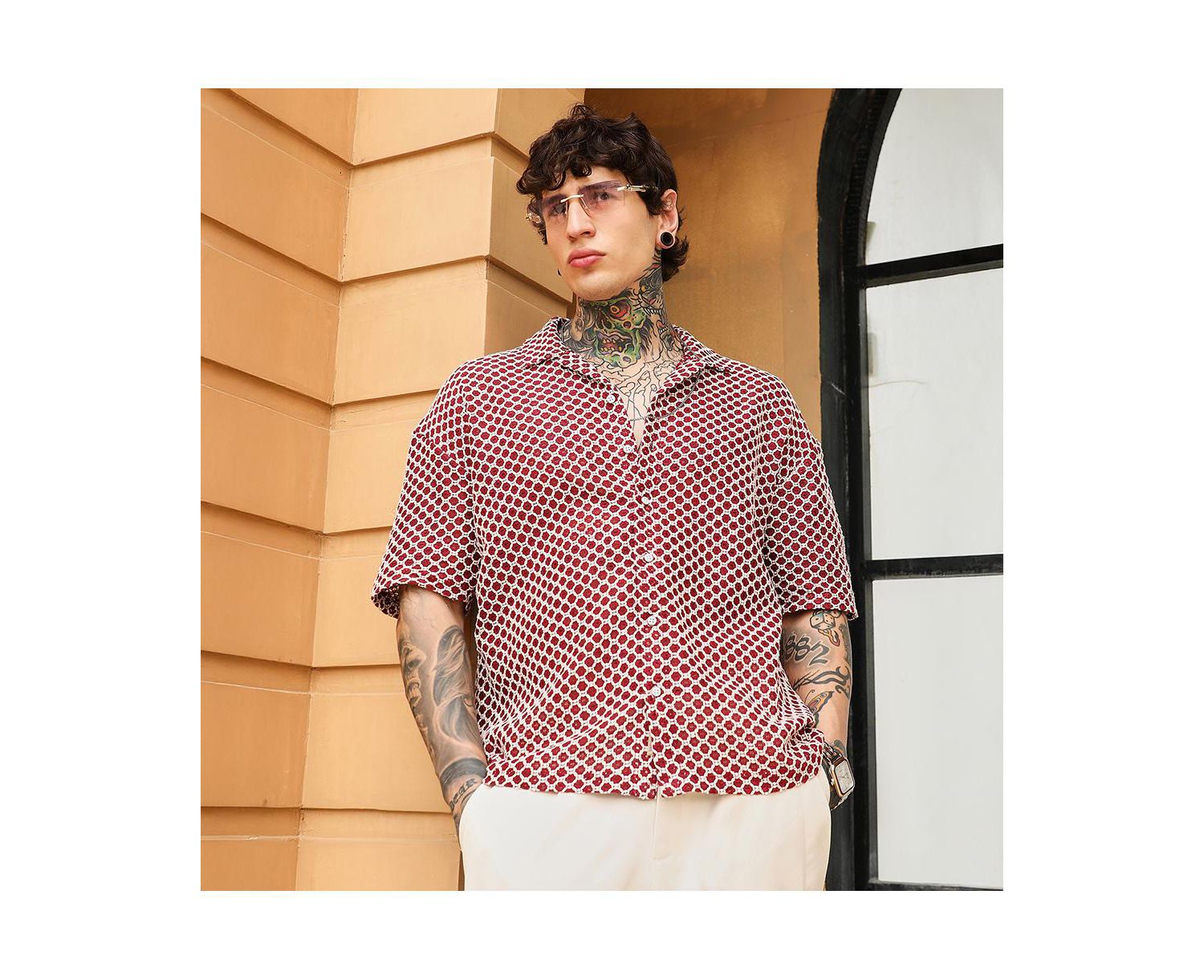 Men's Crimson Red Geometric-Crochet Cuban Oversized Shirt