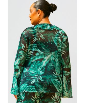 Women's Curve Palm Print Ruffle Resort Top