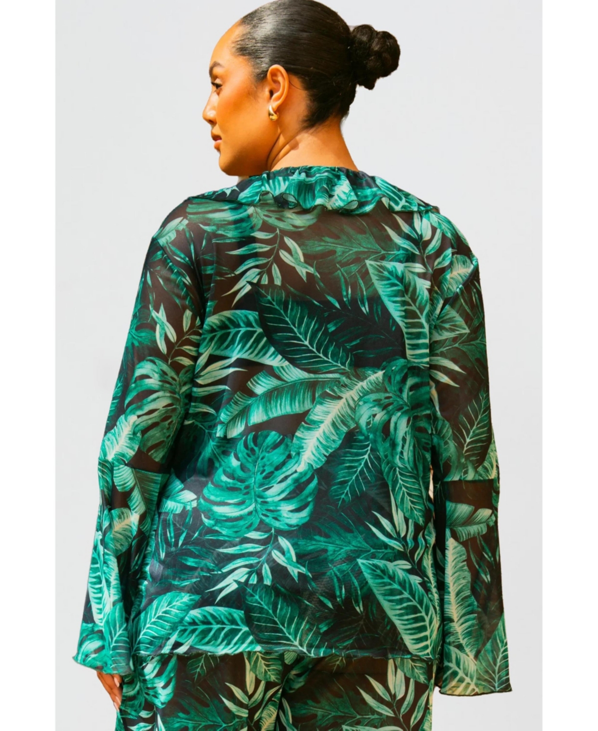 Fashion-szn Curve Women's Palm Print Ruffle Resort Top