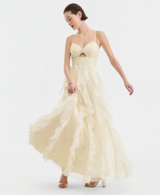 Juniors' Strappy Mesh Petal Ball Gown