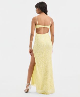 Juniors' Beaded High-Slit Gown