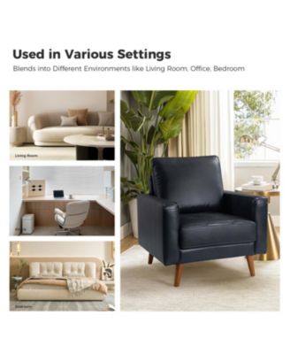 Mid-century Modern Elizabeth Genuine Leather Armchair with Wood Flared Legs