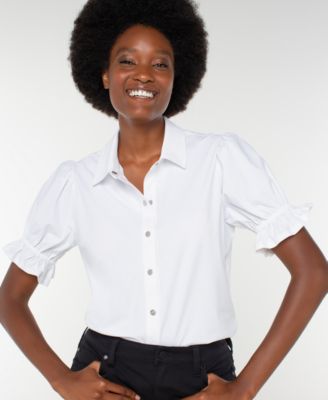 Women's Elbow Puff Sleeve Snap Front Collar Top