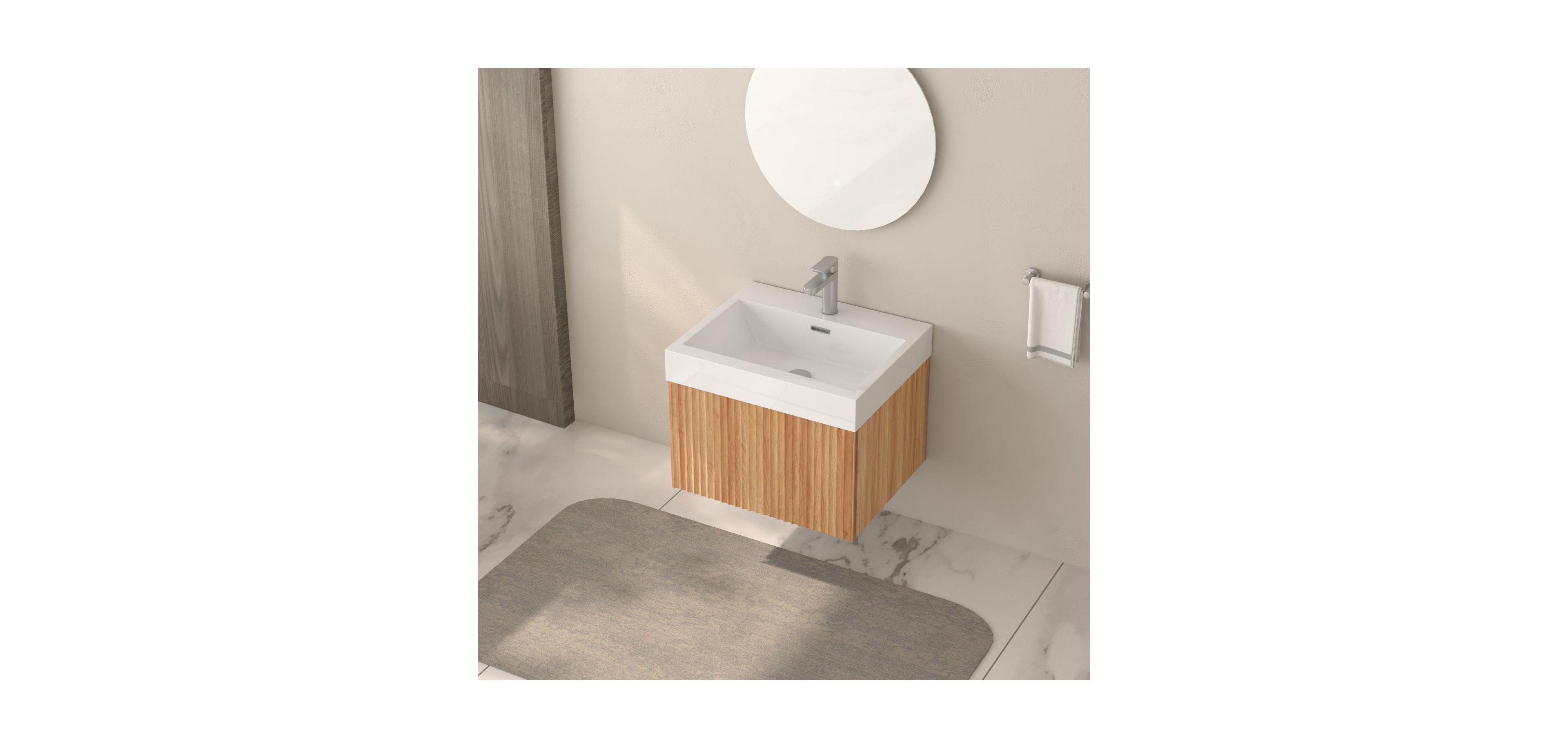 Boyel Living Bathroom Vanity - Wall-Mount, Floating Cabinet, Acacia Finish, Sink & Basin, Plywood Build
