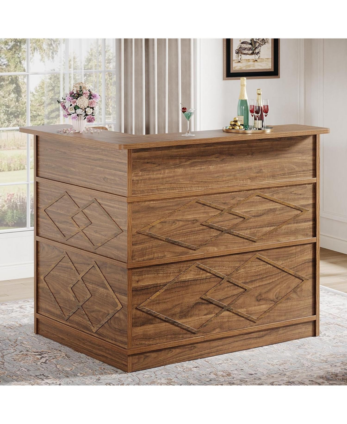 Tribesigns L-Shaped Kitchen Island, with Storage Shelves & Wine Glass Holder, Brown