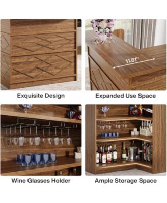 L-Shaped Kitchen Island, with Storage Shelves & Wine Glass Holder, Brown