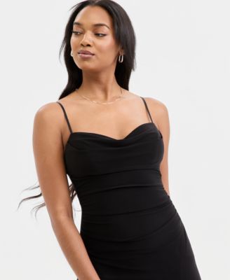 Juniors' Spaghetti Strap Cowlneck Slit Gown 