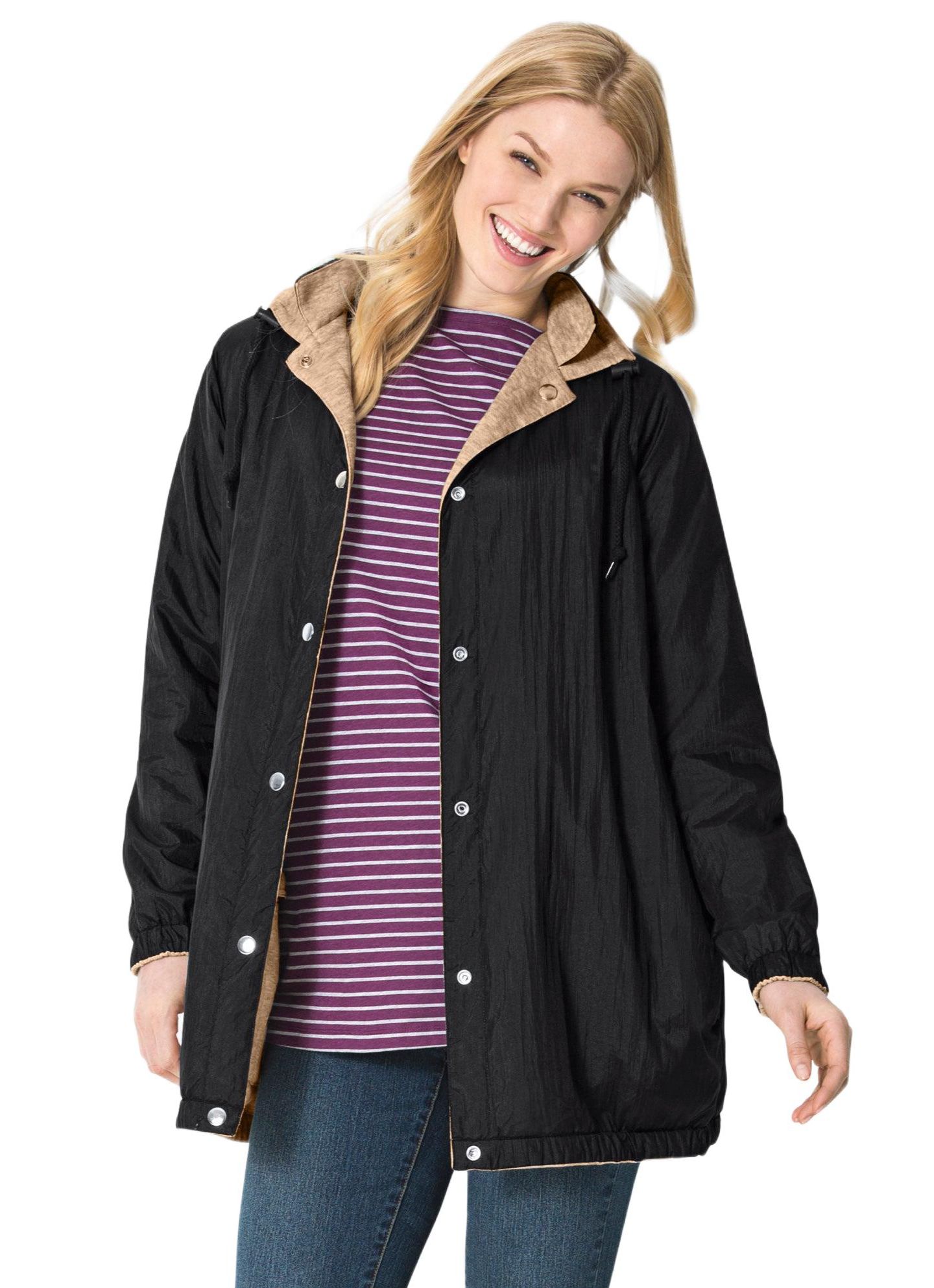 Женская куртка Woman Within Plus Size Fleece Nylon Reversible, цвет: Чёрный — фото 2