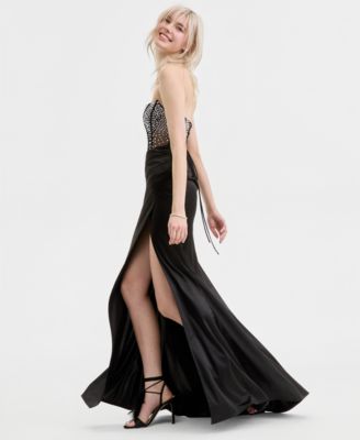 Juniors' Illusion-Bodice High-Slit Gown