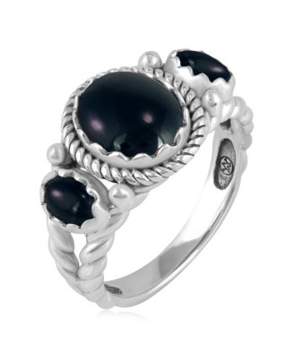 Sterling Silver Black Agate 3-Stone Ring, Sizes 5 to 11