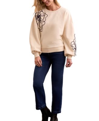 Women's French Terry Embroidered Drop Shoulder Crew Neck Top