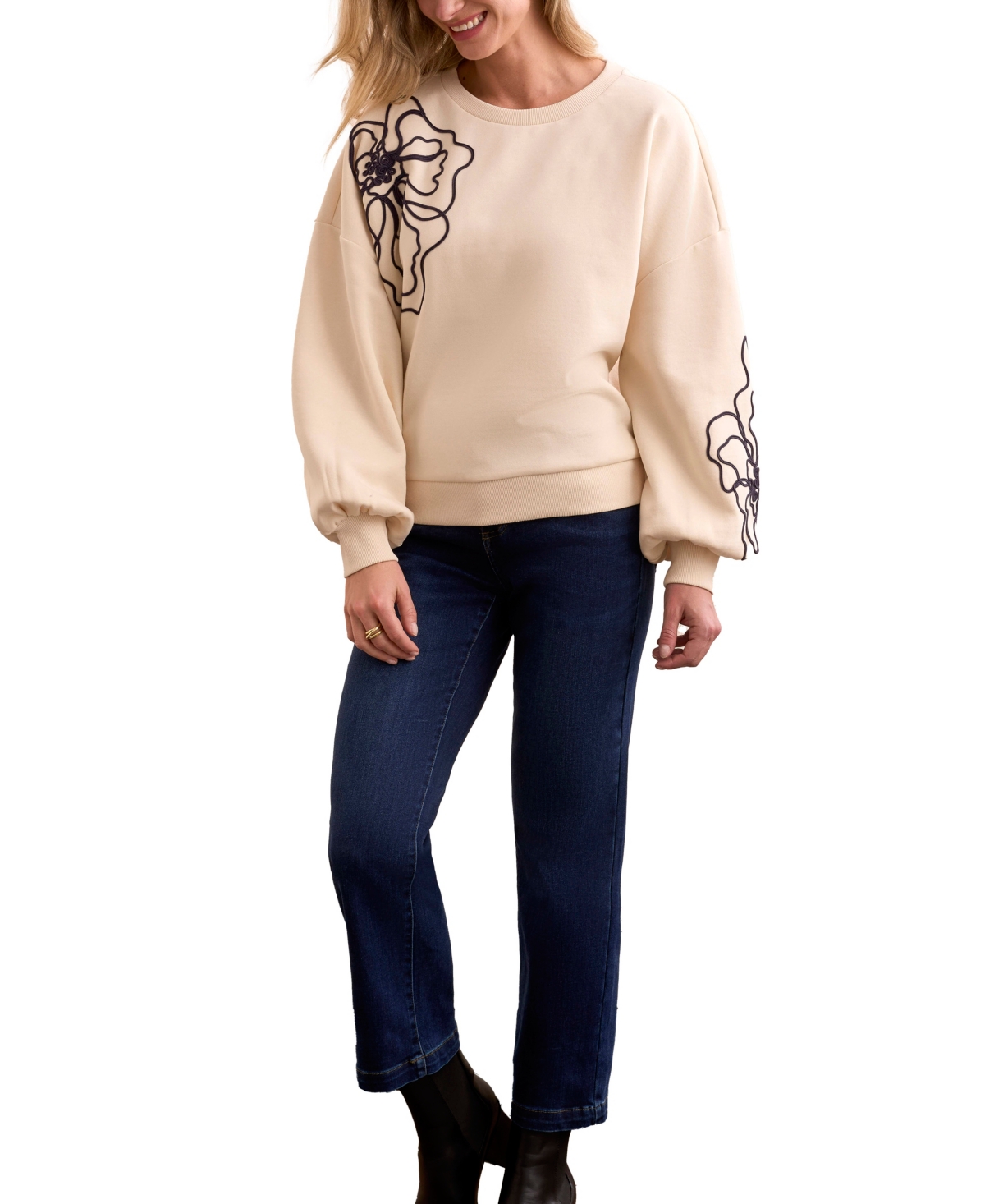 Tribal Women's French Terry Embroidered Drop Shoulder Crew Neck Top In Nude