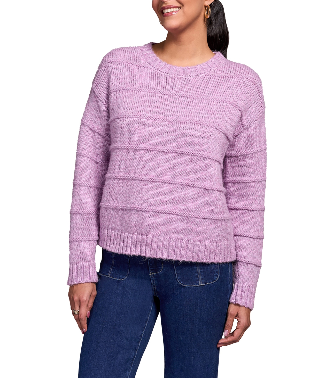 Tribal Women's Heathered Stripe Crew Neck Sweater In Purple