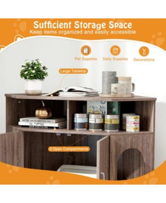 3-Tier Modern Corner Cat Litter Box Enclosure w/ Storage Shelves Double Doors