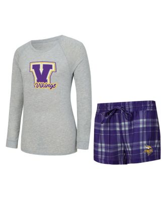 Concepts Sport - Women's Heather Gray/Purple Minnesota Vikings Regulate Plaid Long-Sleeve T-Shirt Shorts Sleep Set