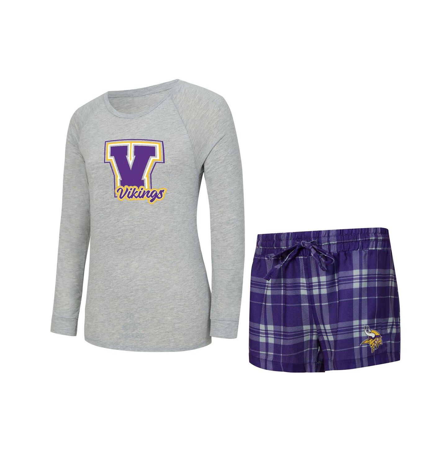 Женские пижамы Concepts Sport Women's 2-Piece Heather Gray/Purple Minnesota Vikings Regulate Plaid Long-Sleeve T-Shirt and Shorts Sleep Set — фото 1