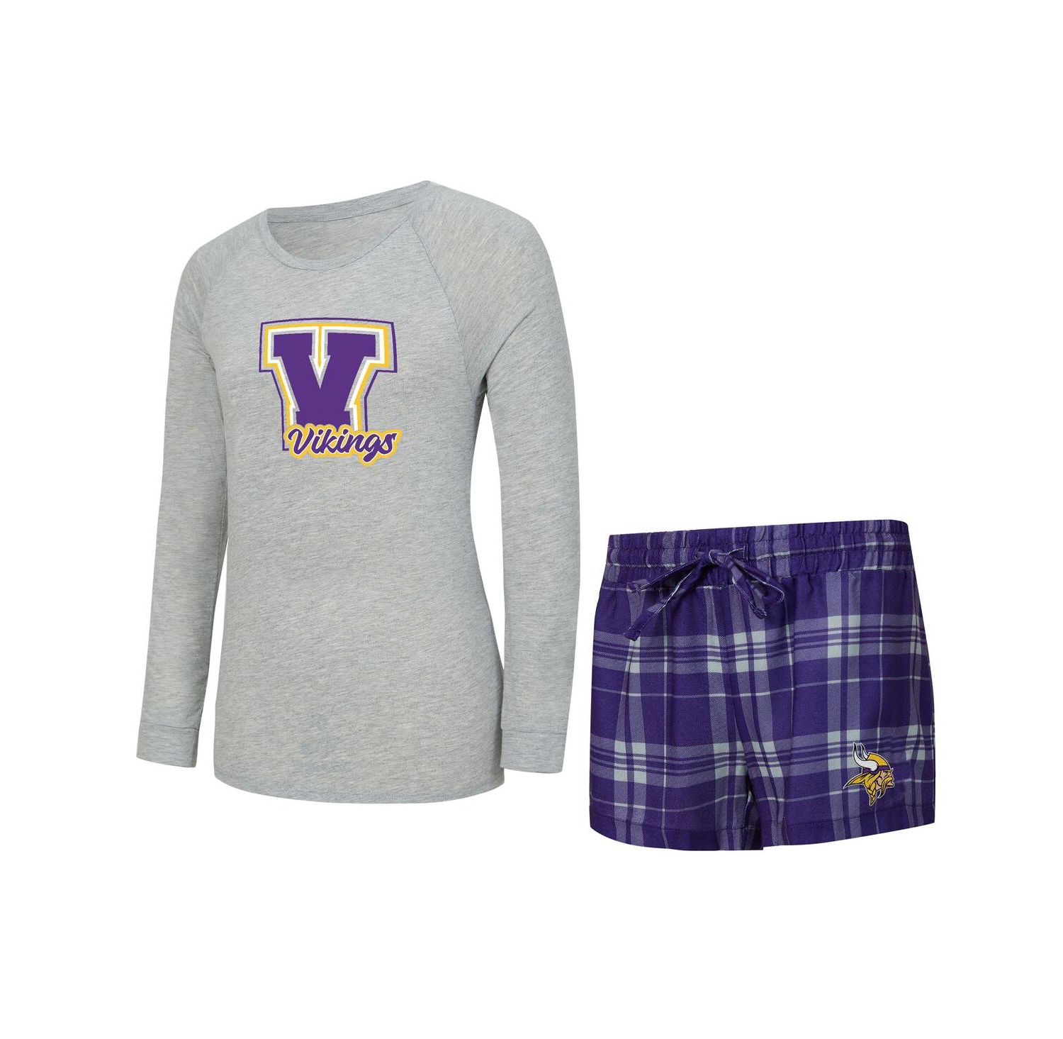 Women's 2-Piece Heather Gray/Purple Minnesota Vikings Regulate Plaid Long-Sleeve T-Shirt and Shorts Sleep Set