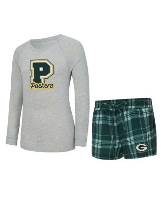 Concepts Sport - Women's Heather Gray/Green Bay Packers Regulate Plaid Long-Sleeve T-Shirt Shorts Sleep Set