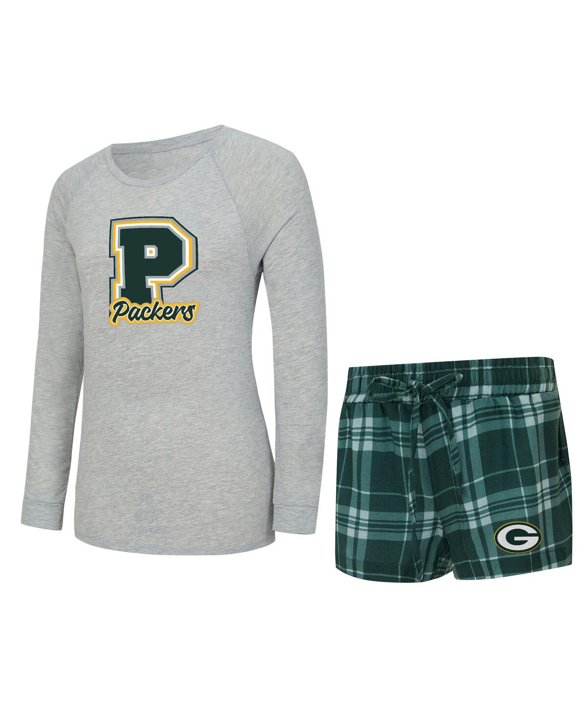 Concepts Sport Women's 2-piece Heather Gray/green Bay Packers Regulate Plaid Long-sleeve T-shirt And Shorts Sleep S
